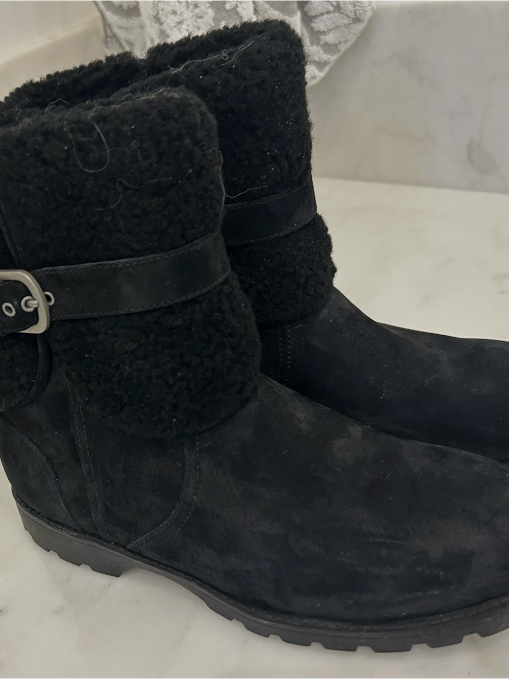 Women's UGG  Black Shearling-Trim Suede Ankle Boots